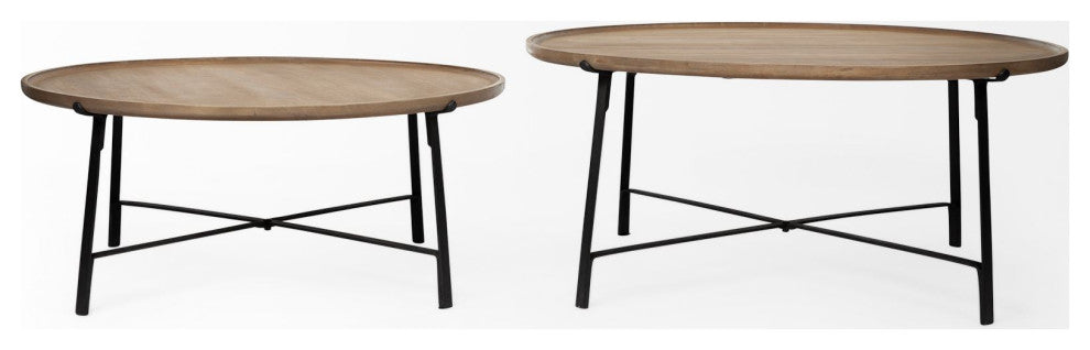 Helios I, Set of 2 Brown Solid Wood Top Black Metal Base Nesting Coffee Tables