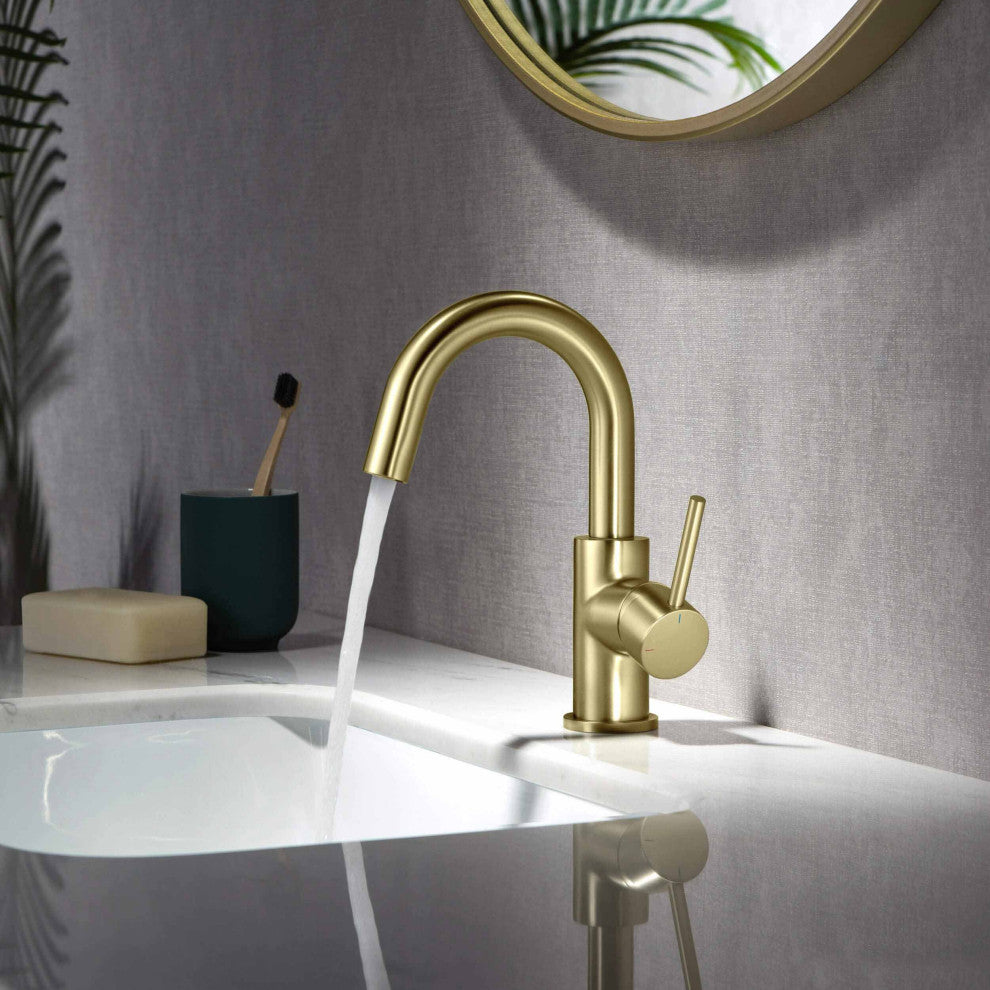 Circular Single Handle High-arc Bathroom Sink Faucet With Drain, Brushed Gold