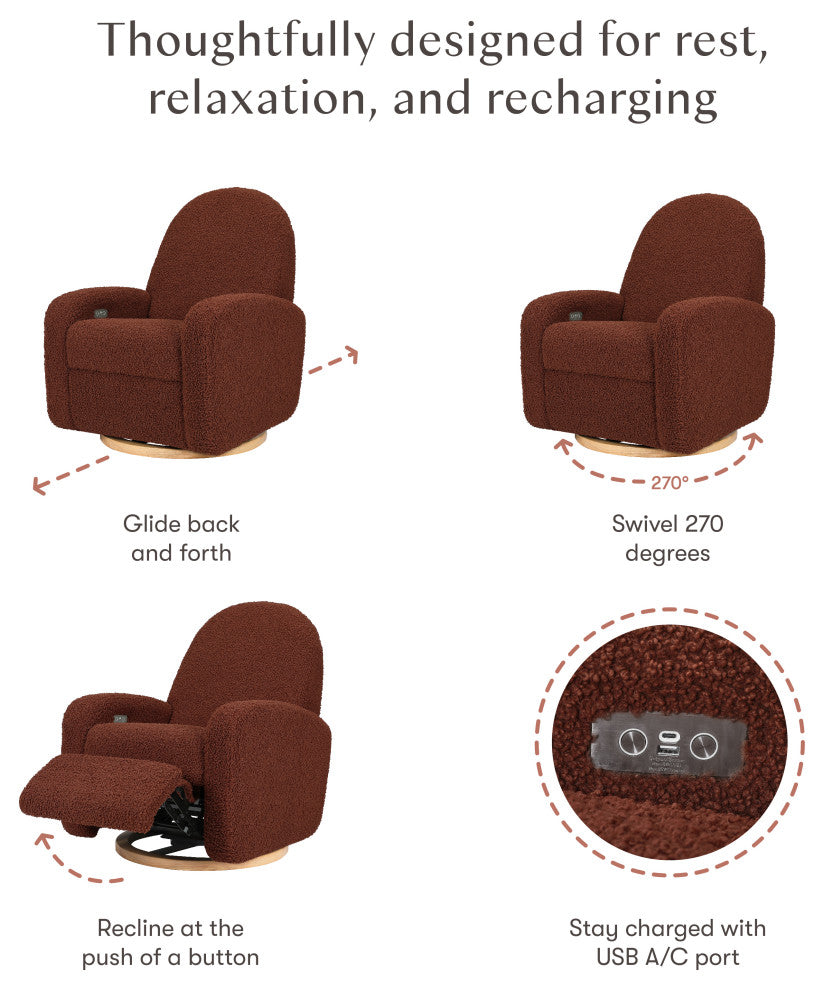 Nami Electronic Recliner and Swivel Glider Recliner, Boucle With USB port, Rouge Teddy Loop With Light Wood Base