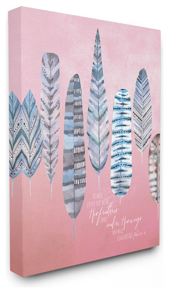 Feathers And Wings Blue and Pink Watercolor Stretched Canvas Wall Art, 16"x20"