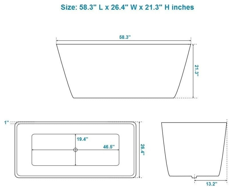 ADM Rectangular Freestanding Bathtub, Matte White, 58.3"