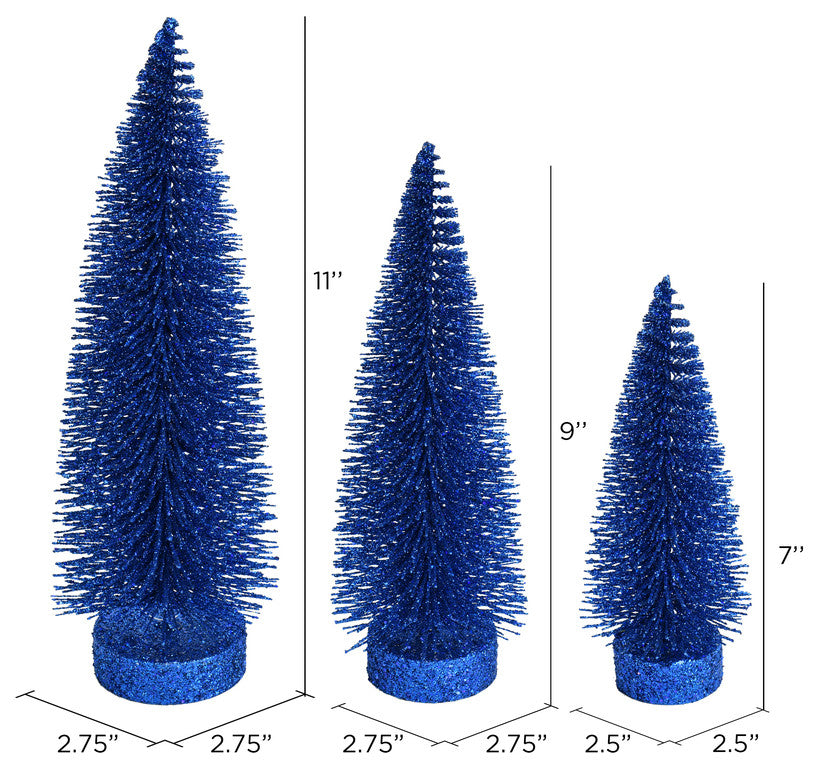 Glitter Oval Pine Artificial Christmas Tree Set of 3 , Midnight Blue, 7"-9"-11"