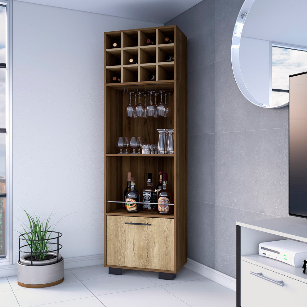 Aubree Corner Bar Cabinet with 12 Wine Cubbies, Mahogany/ Macadamia