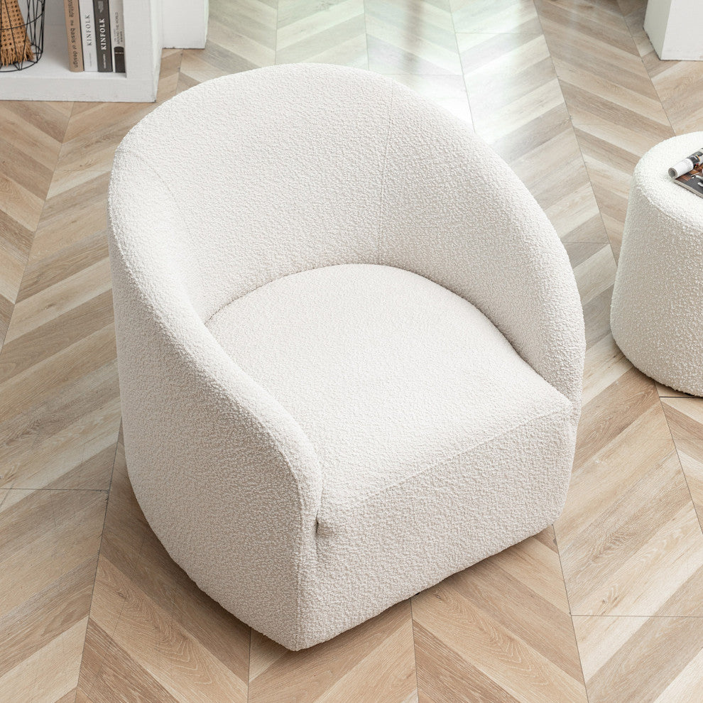 32" Wide Boucle Upholstered Swivel Barrel Chair, White