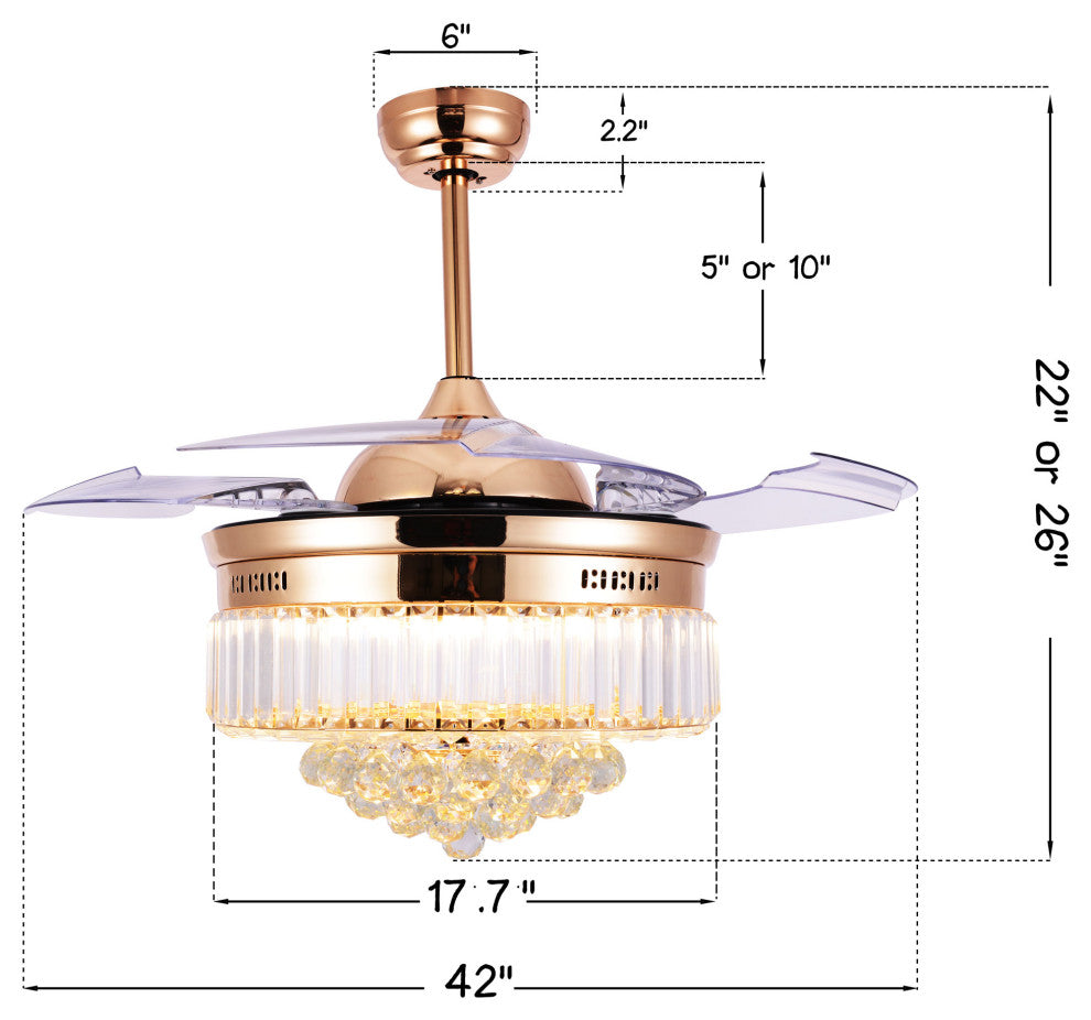 Unique Caged Ceiling Fan with Remote, LED light, Retractable Blades, French Gold