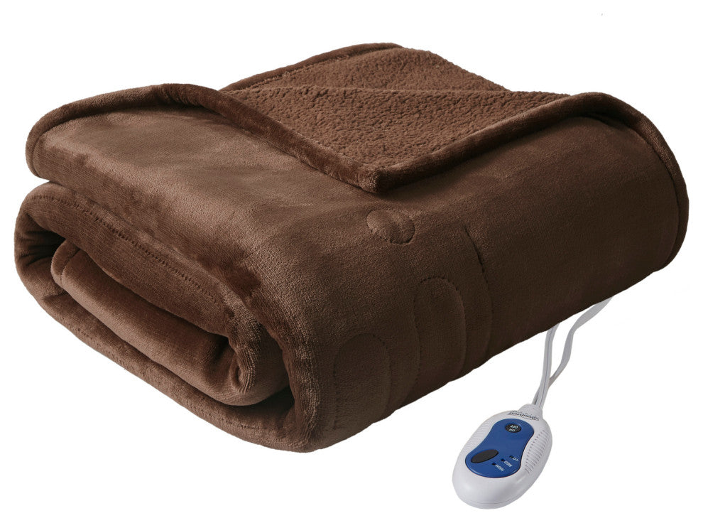 Beautyrest Microlight And Berber Solid Heated Throw, Brown