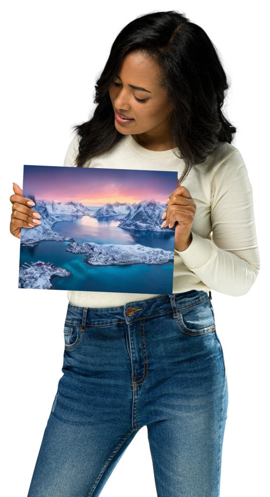 Reine at Winter Sunset Icy Mountain Landscape Photo Loose Wall Art Prints, 8" X 10"