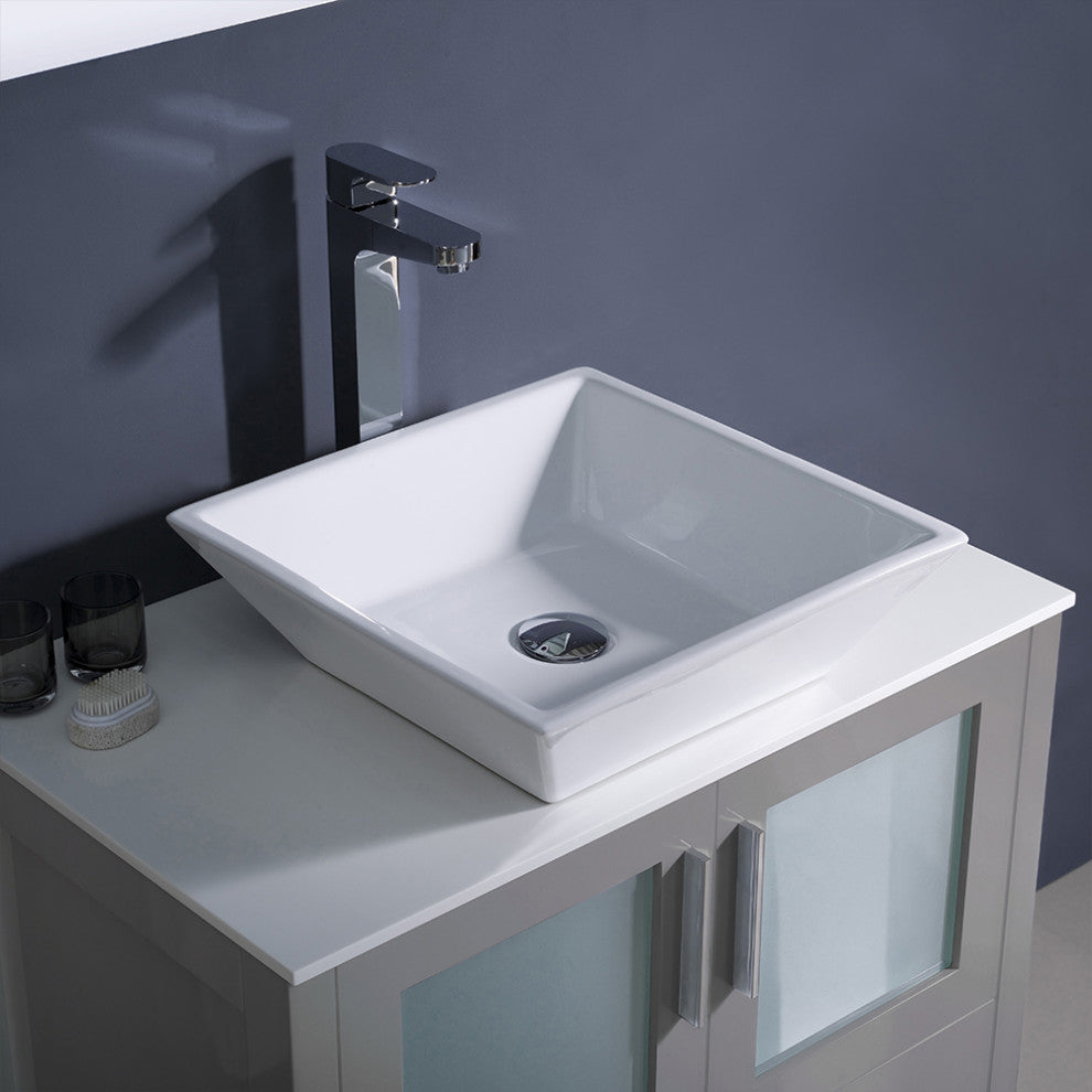 Torino Modern Bathroom Cabinet With Top and Vessel Sink, Gray, 30"