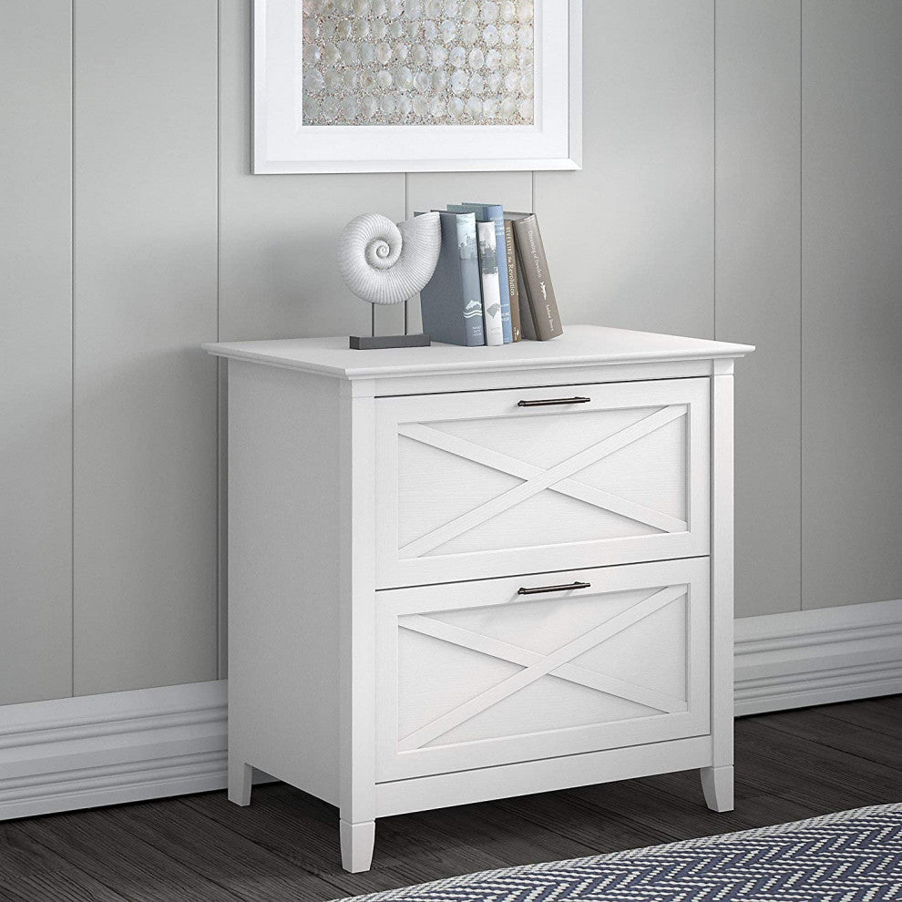 Transitional File Cabinet, 2 Storage Drawers With X-Shaped Front, Pure White Oak