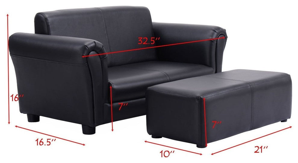 Modern Kids Double Sofa With Ottoman, Black