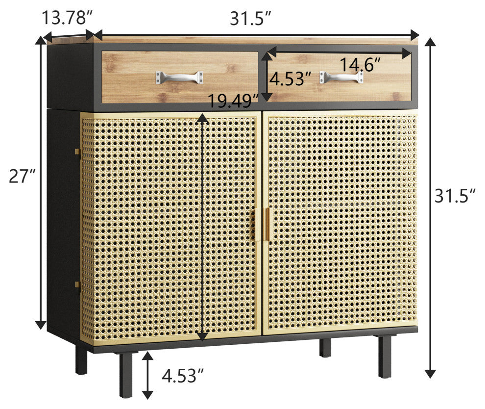 32" Tall Metal 2-door Accent Cabinet with 2-drawer, Gold