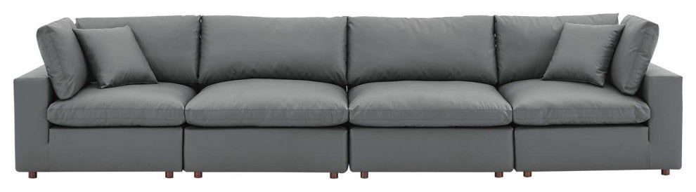 Commix Down Filled Overstuffed Vegan Leather 4-Seater Sofa - Gray