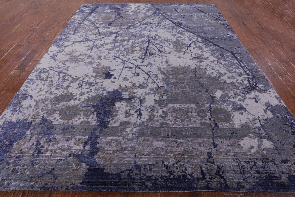 Modern Tree Of Life Design Hand-Knotted Wool and Silk Rug 8' 0" X 10' 1"- Q7227