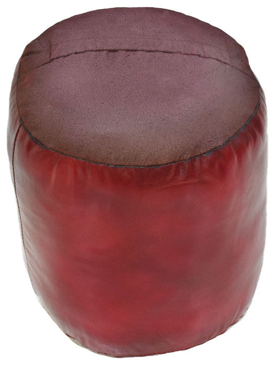 Pouf-Solid Handmade Leather Pouf (Recycled Foam with Fiber Fill), Dark Pink, (Round) 14x14x14