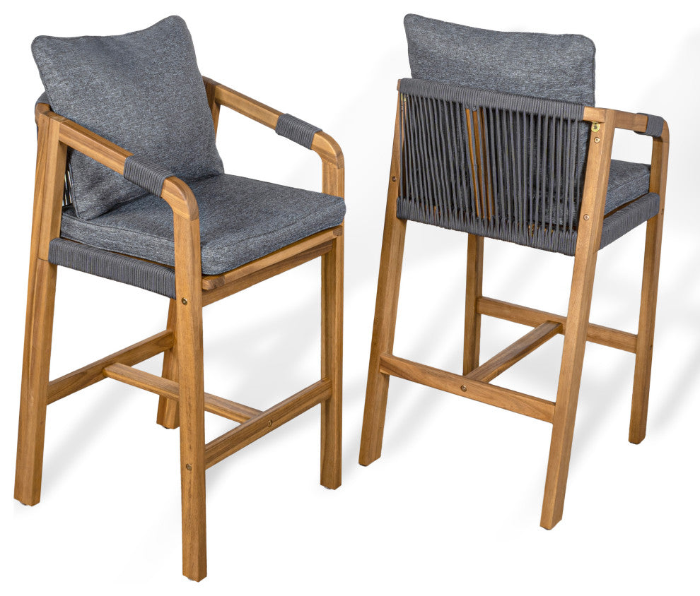 Modern Tub Roped Acacia Wood Outdoor Bar Stool With Cushions, Armrests, Set of 2
