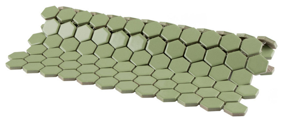 Metro 1" Hex Porcelain Mosaic Floor and Wall Tile, Glossy Olive