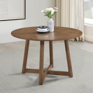 Round Wooden Dining Table With Interlocking Open Leg, Light Walnut