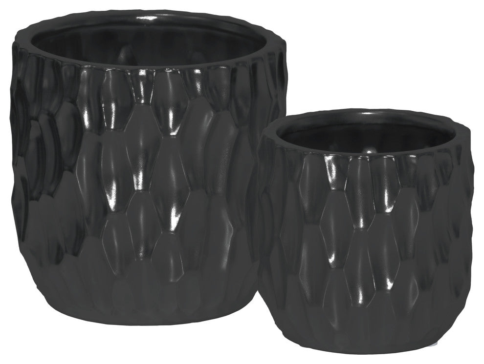 Cylindrical Pots, Wide Mouth and Embossed Rectangle Design Body, 2-Piece, Black