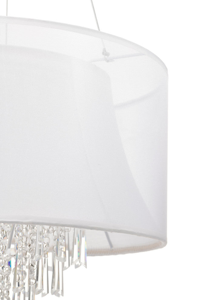 4-Light Double White Fabric Drum Shade Crystal Pendant Chandelier Glam Lighting
