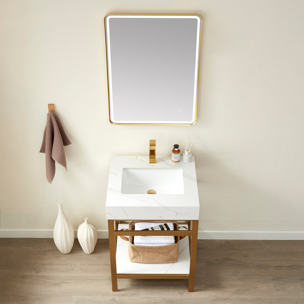 Funes Bath Vanity with Mirror, Brushed Gold Support, 24'', White Stone Top