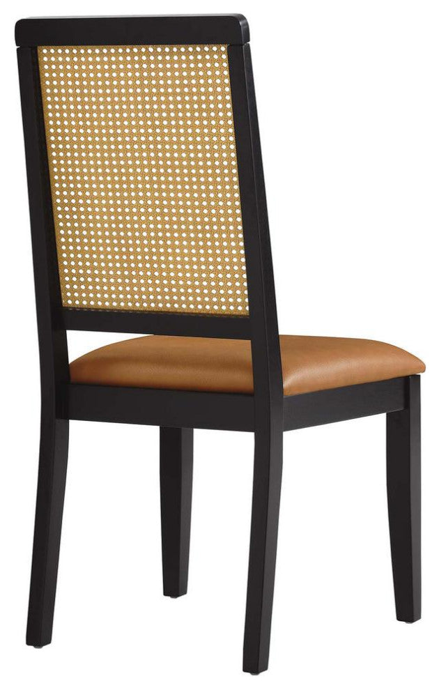Vegan Leather Upholstered Faux Rattan and Wood Dining Side Chairs - Set of 2