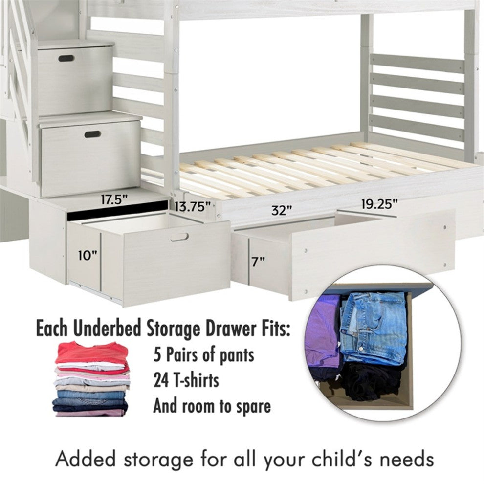 My Bed Now Everest Twin-over-Twin 2-Drawer Wood Bunk Bed w/ Staircase in White