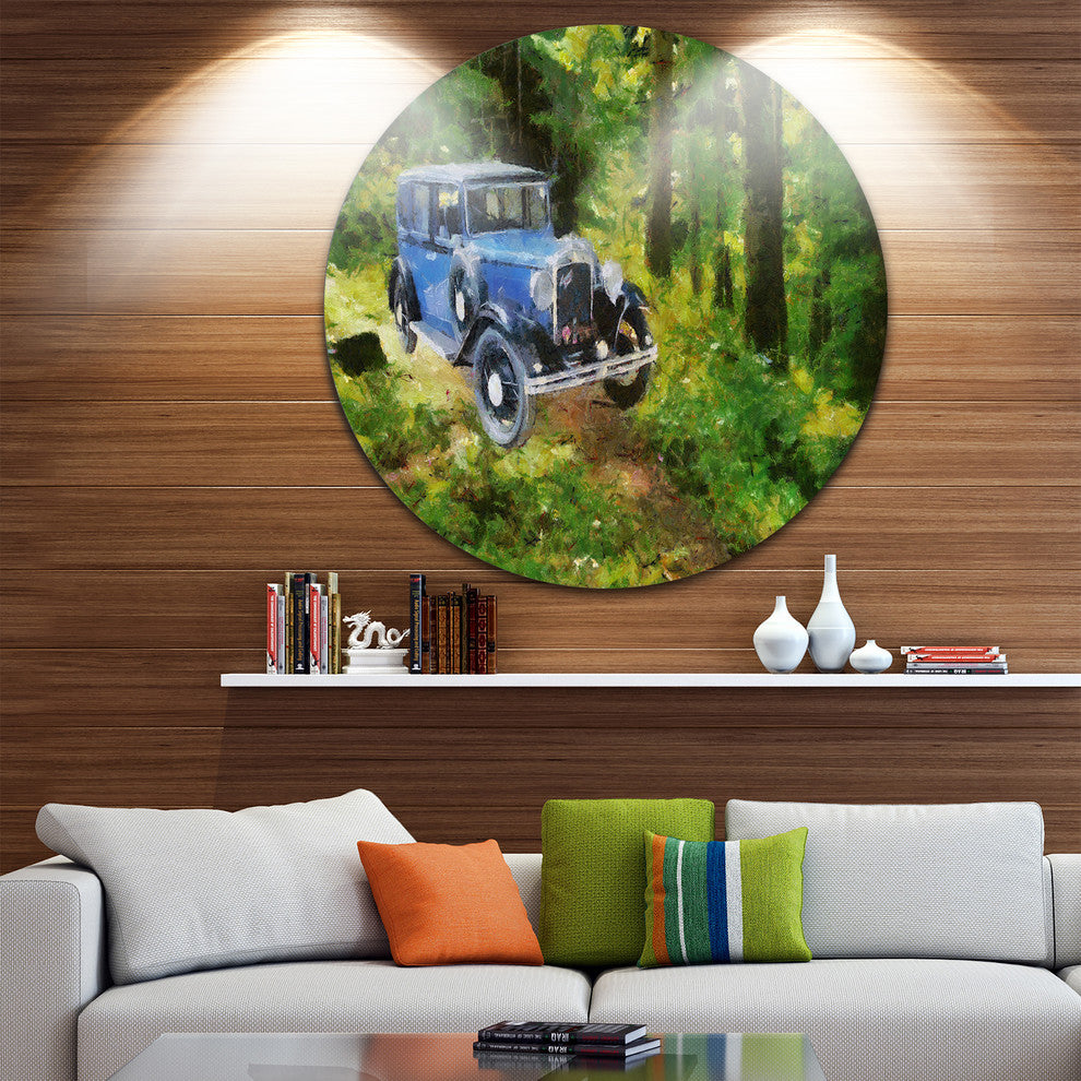 Blue Vintage Car Oil Painting, Car Painting Round Metal Wall Art, 23"