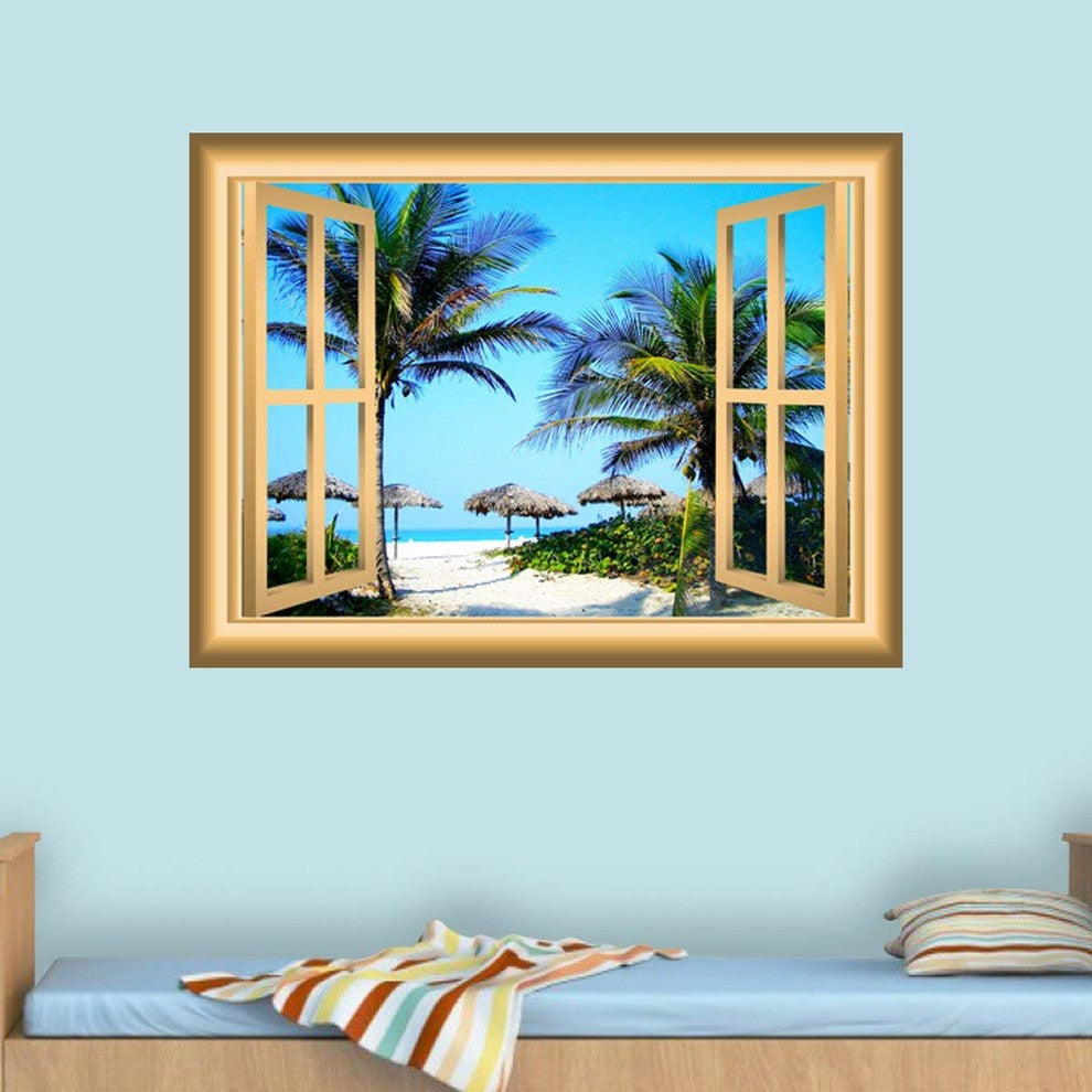 VWAQ 3D Sandy Beach Window Decal, 24"x30"