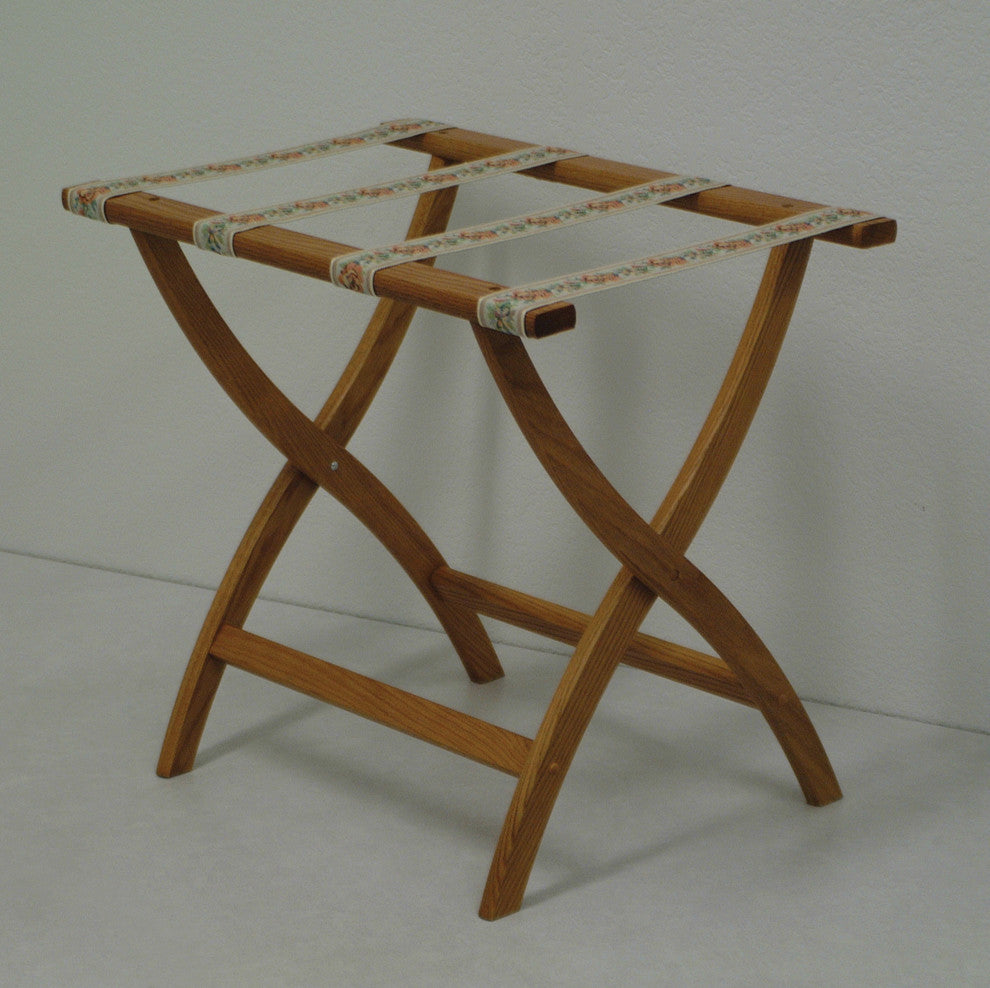 Designer Curve Leg Luggage Rack with Tapestry Webbing, Medium Oak