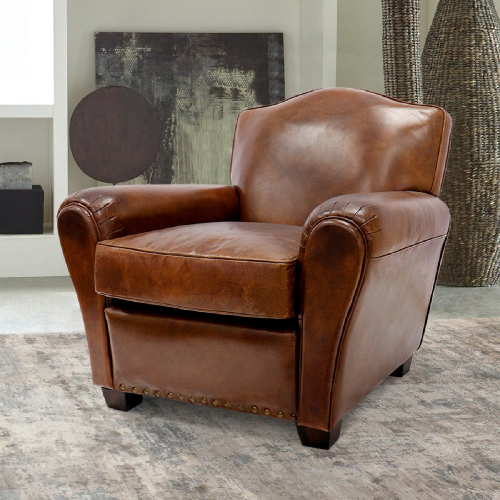 Pasargad Home Palermo Genuine Leather Wing Chair, Brown