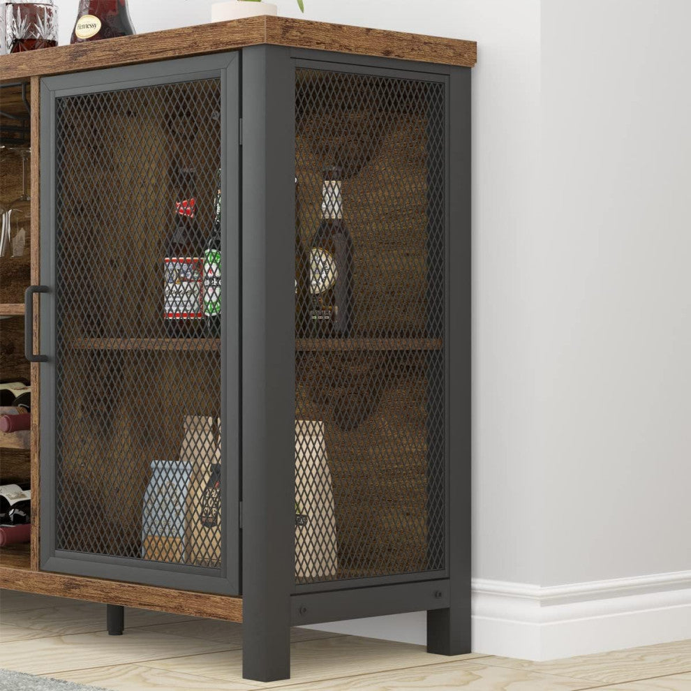Rustic Bar Cabinet With Bottle Storage and Double Mesh Door Design, Rustic Brown