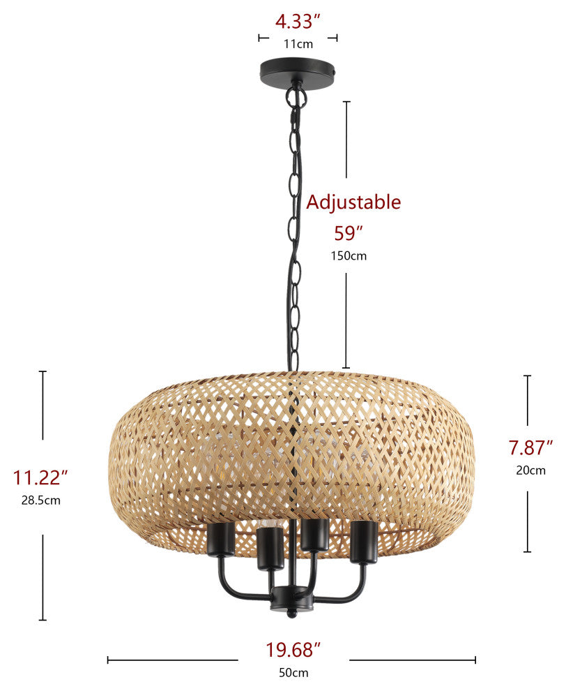 Farmhouse 4-Light Hand-Woven Natural Bamboo Pendant Light