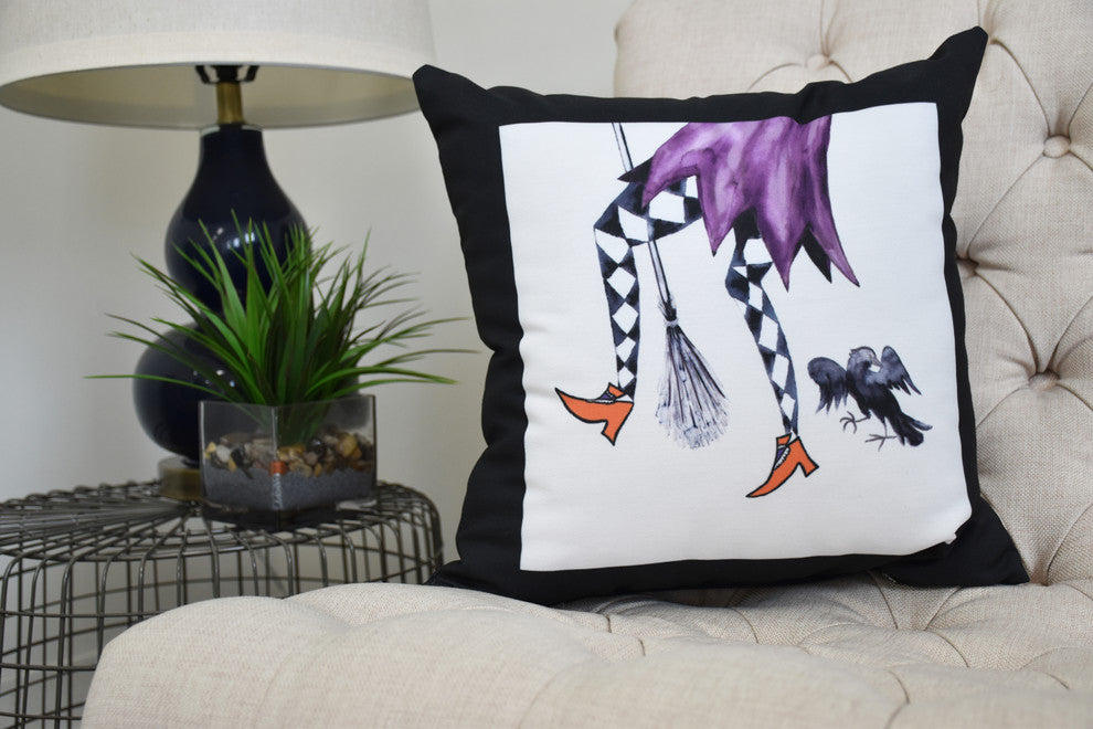 Fly Away Witch 16" Cream Halloween Print Decorative Throw Pillow