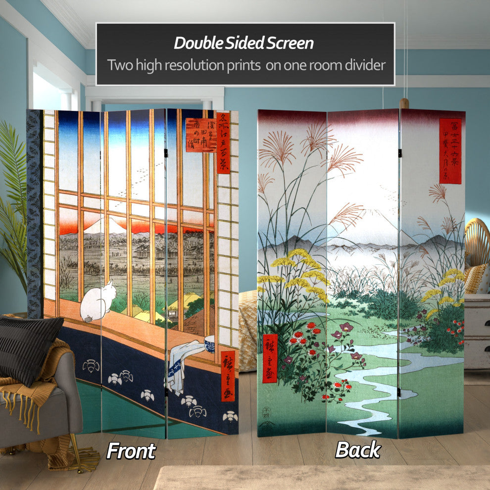 6' Tall Double Sided Hiroshige Room Divider, Asakusa Rice Field/Otsuki Plain
