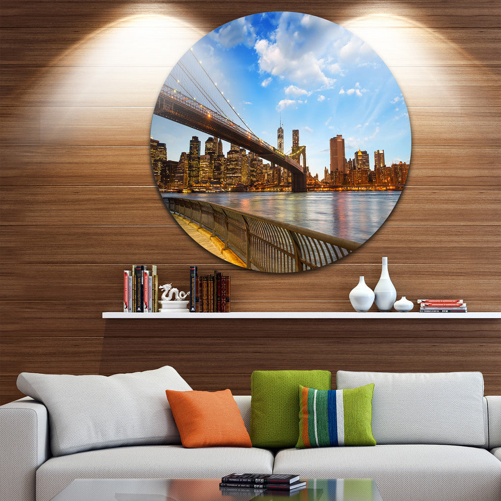 Calm Sky Over Brooklyn Bridge, Cityscape Photo Disc Metal Artwork, 23"