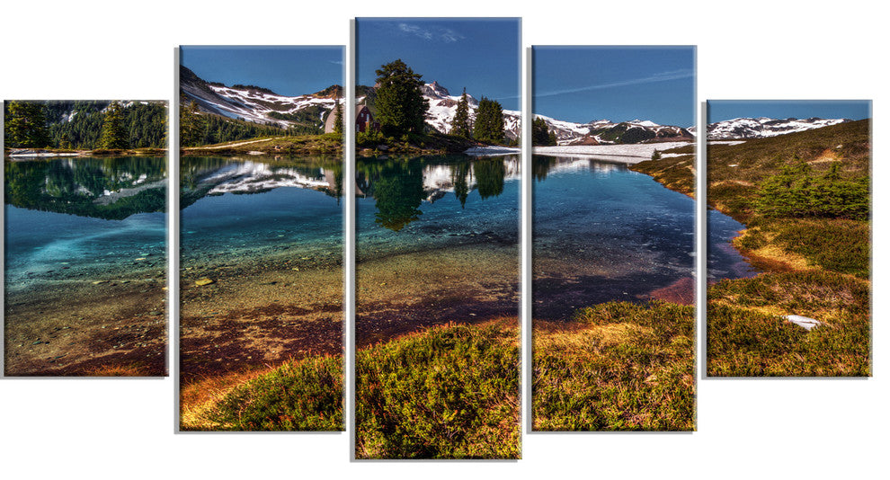 Curving Mountain Lake Shore, Landscape Canvas Print, 60"x32", 5 Panels