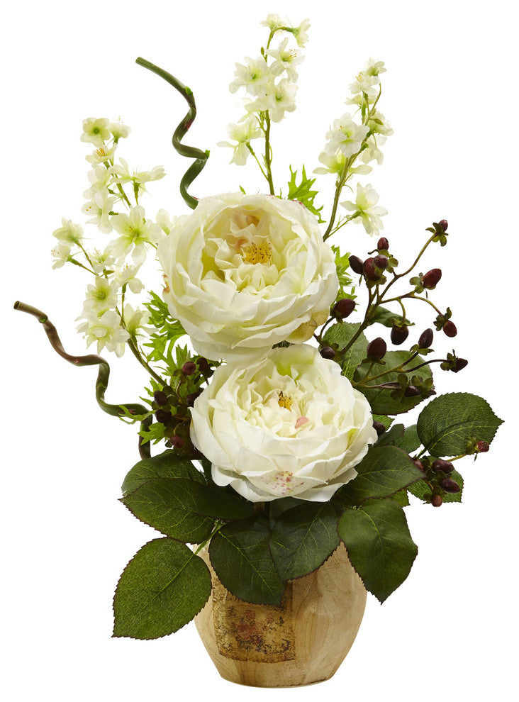 Large Rose and Dancing Daisy, Wooden Pot, White