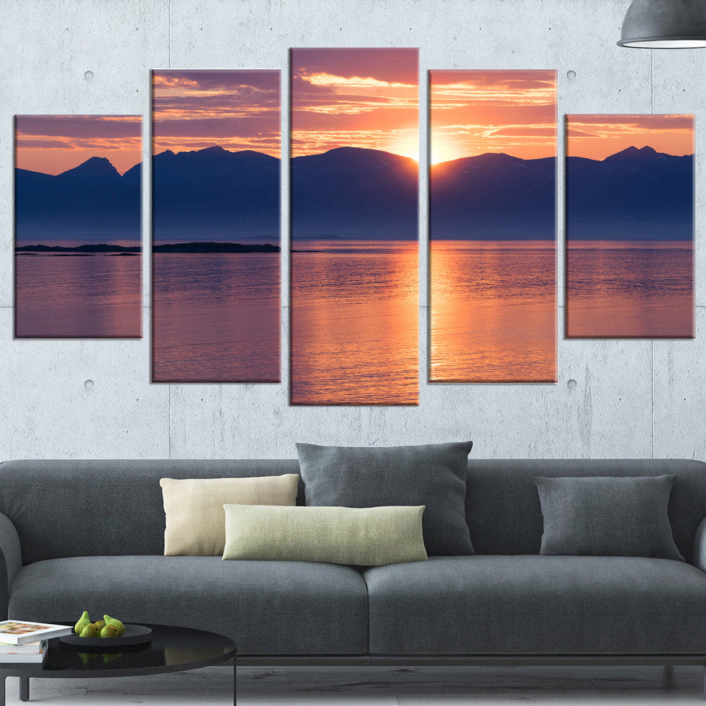 "Norwegian Seashore At Sunset" Modern Seascape Canvas Artwork, 5 Panels, 60"x32"