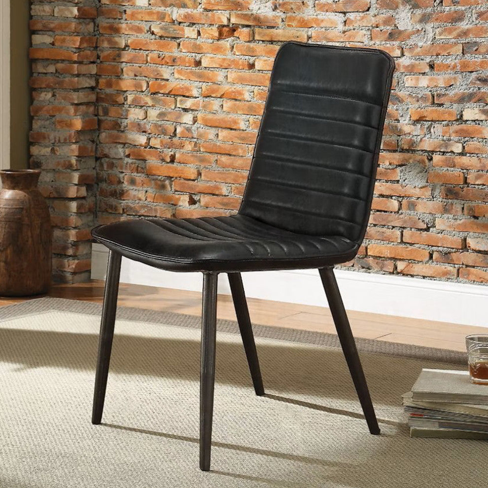 Set of 2 Top Grain Leather Side Chair, Antique Black Finish