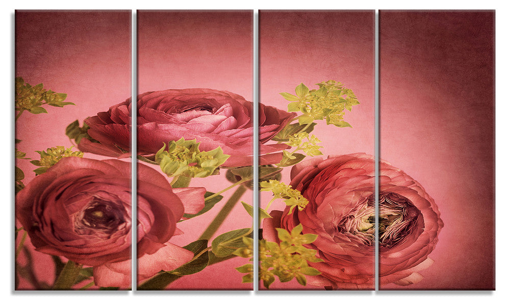 Ranunculus Flowers Stem on Pink, Floral Canvas Art Print, 48"x28", 4 Panels