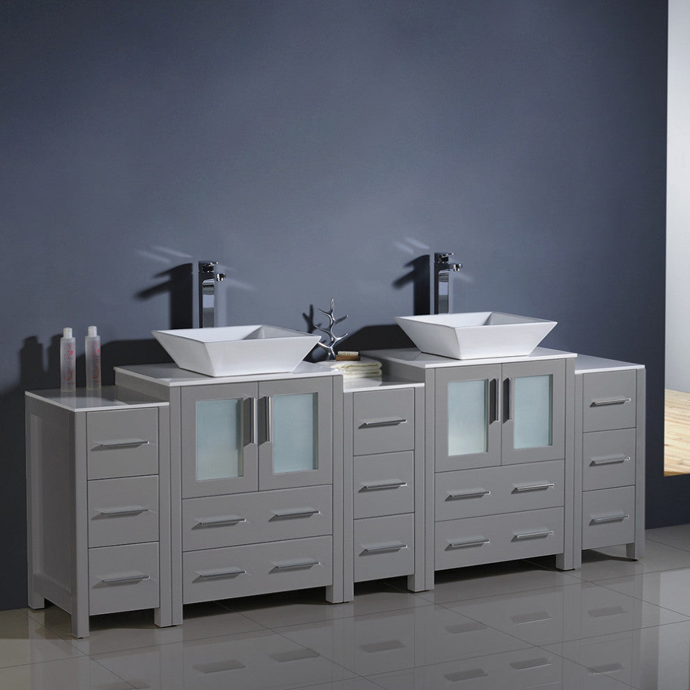 Torino Double Sink Bathroom Cabinets With Tops and Vessel Sinks, Gray 84"