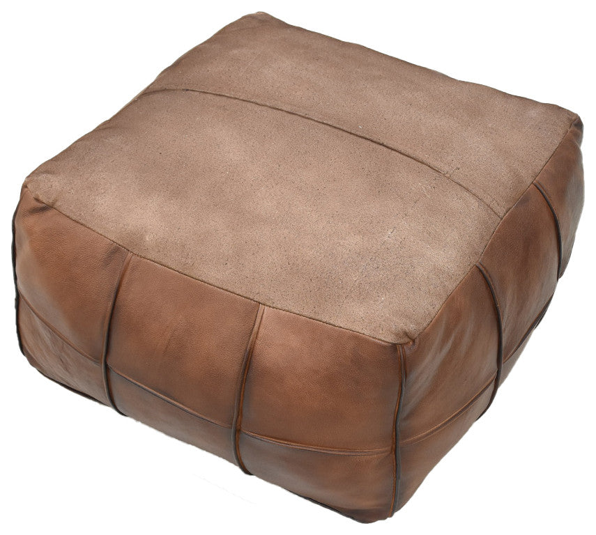 Pouf-Solid Handmade Leather Pouf (Recycled Foam with Fiber Fill), Brown, Square, 21x21x12