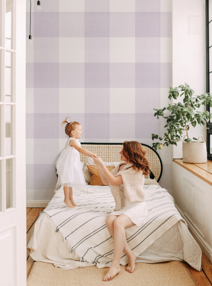 Checkered Fabric Look Large Peel and Stick Vinyl Wallpaper, Lilac, 24"x108"