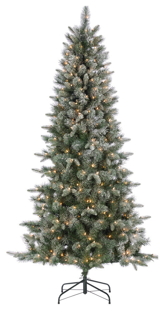 Lightly Flocked Natural Cut Artic Pine With Glitter aedn 400 Clear Lights, 7FT