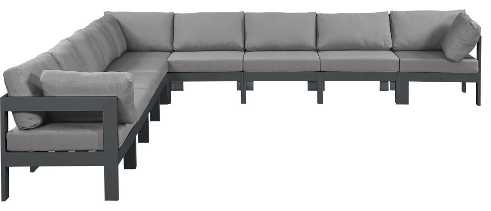 Nizuc Water Resistant Patio L-Shaped Modular Sectional, Gray, 9-Piece: 6 Armless Chair, 3 Corner Chair, Dark Gray Aluminum Frame