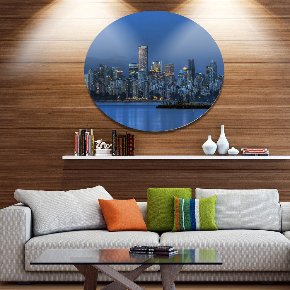 Vancouver Downtown In Evening, Cityscape Wall Disc Metal Artwork, 11"
