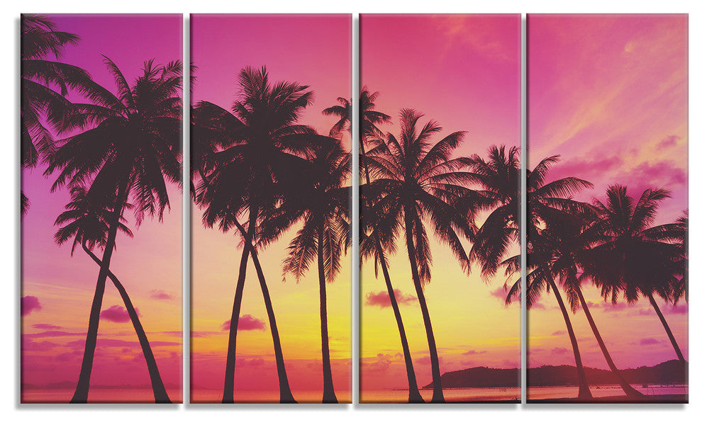"Row of Beautiful Palms Under Magenta Sky" Wall Art Landscape, 4 Panels, 48"x28"