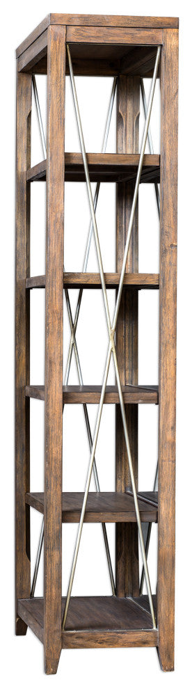 Rustic Wood Industrial 5 Shelf Etagere , Mirrored Distressed Iron Contemporary