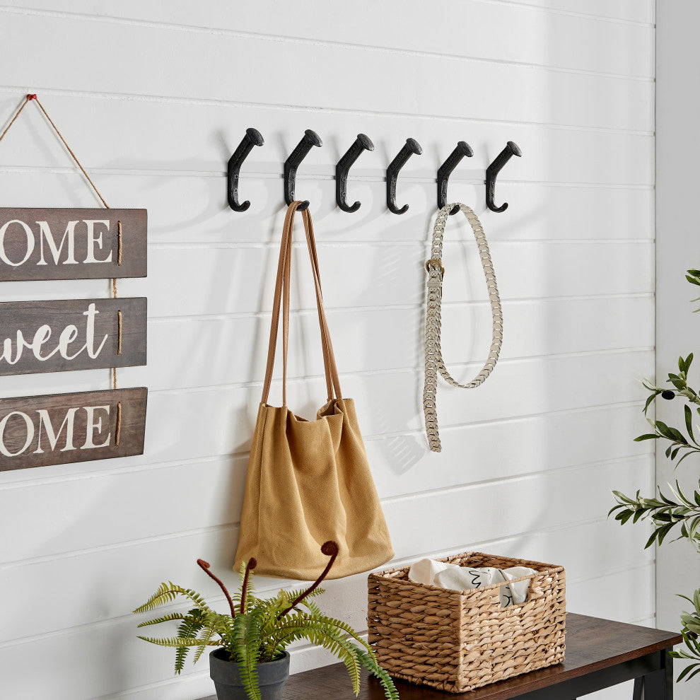 Black Cast Iron Railway Spike Wall Mount Hook Set, Set of 6