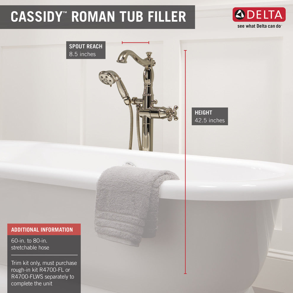 Delta Cassidy Floor Mount Tub Filler Trim - Less Handle, Polished Nickel